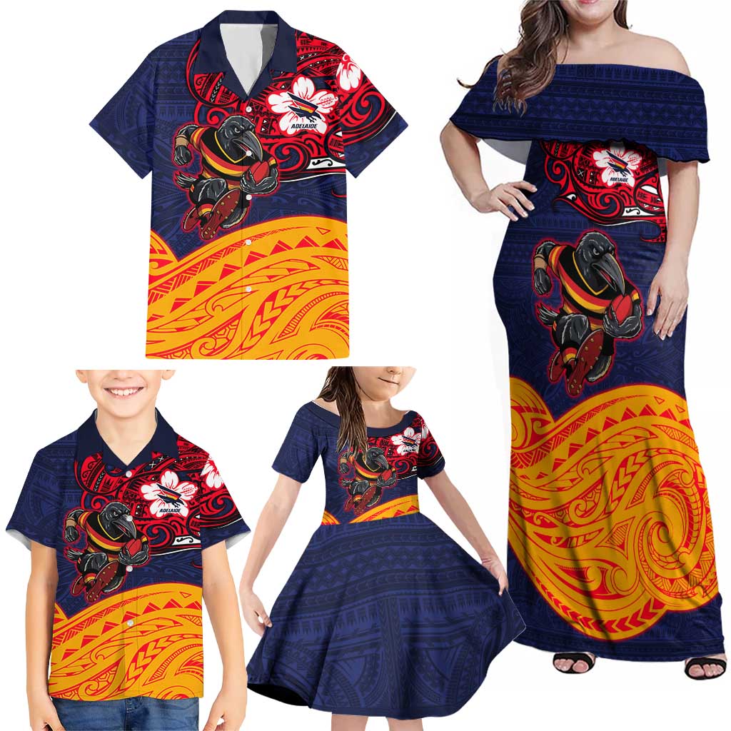 Adelaide Crow Mascot Family Matching Off Shoulder Maxi Dress and Hawaiian Shirt Polynesian Tribal Pattern Bold Island Style