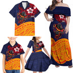Adelaide Crow Mascot Family Matching Off Shoulder Maxi Dress and Hawaiian Shirt Polynesian Tribal Pattern Bold Island Style