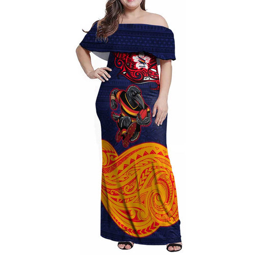 Adelaide Crow Mascot Family Matching Off Shoulder Maxi Dress and Hawaiian Shirt Polynesian Tribal Pattern Bold Island Style