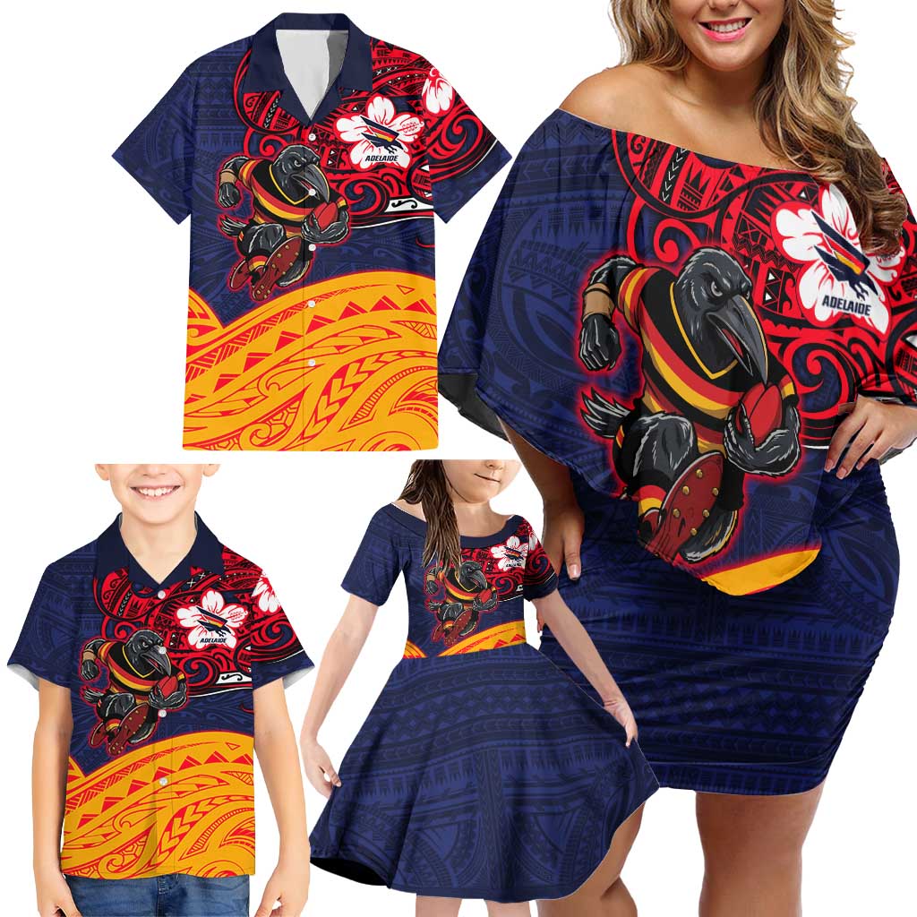 Adelaide Crow Mascot Family Matching Off Shoulder Short Dress and Hawaiian Shirt Polynesian Tribal Pattern Bold Island Style