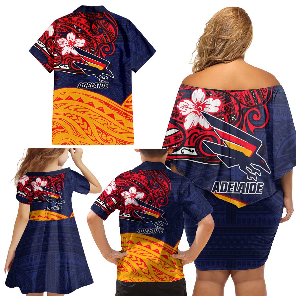 Adelaide Crow Mascot Family Matching Off Shoulder Short Dress and Hawaiian Shirt Polynesian Tribal Pattern Bold Island Style