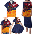 Adelaide Crow Mascot Family Matching Puletasi and Hawaiian Shirt Polynesian Tribal Pattern Bold Island Style