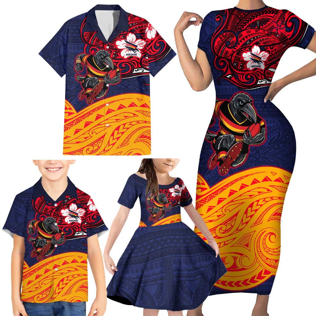 Adelaide Crow Mascot Family Matching Short Sleeve Bodycon Dress and Hawaiian Shirt Polynesian Tribal Pattern Bold Island Style