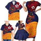Adelaide Crow Mascot Family Matching Short Sleeve Bodycon Dress and Hawaiian Shirt Polynesian Tribal Pattern Bold Island Style
