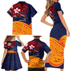 Adelaide Crow Mascot Family Matching Short Sleeve Bodycon Dress and Hawaiian Shirt Polynesian Tribal Pattern Bold Island Style