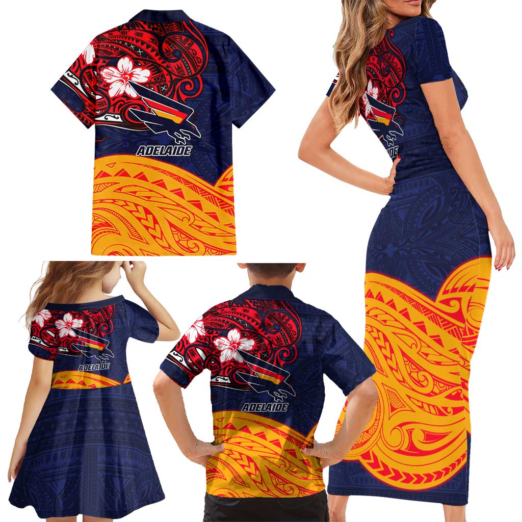 Adelaide Crow Mascot Family Matching Short Sleeve Bodycon Dress and Hawaiian Shirt Polynesian Tribal Pattern Bold Island Style