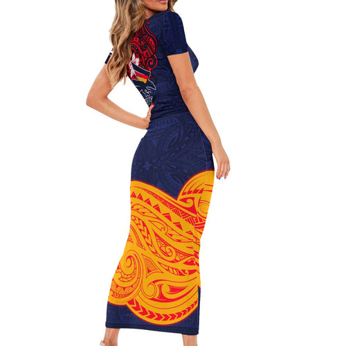 Adelaide Crow Mascot Family Matching Short Sleeve Bodycon Dress and Hawaiian Shirt Polynesian Tribal Pattern Bold Island Style