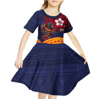 Adelaide Crow Mascot Kid Short Sleeve Dress Polynesian Tribal Pattern Bold Island Style