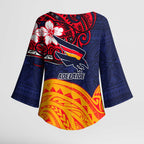 Adelaide Crow Mascot Kimono Sleeve Blouse Polynesian Tribal Pattern Bold Island Style