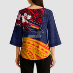 Adelaide Crow Mascot Kimono Sleeve Blouse Polynesian Tribal Pattern Bold Island Style