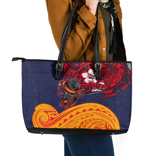 Adelaide Crow Mascot Leather Tote Bag Polynesian Tribal Pattern Bold Island Style