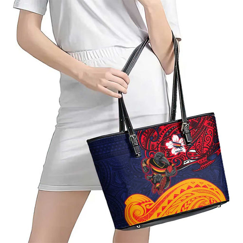 Adelaide Crow Mascot Leather Tote Bag Polynesian Tribal Pattern Bold Island Style