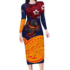 Adelaide Crow Mascot Long Sleeve Bodycon Dress Polynesian Tribal Pattern Bold Island Style