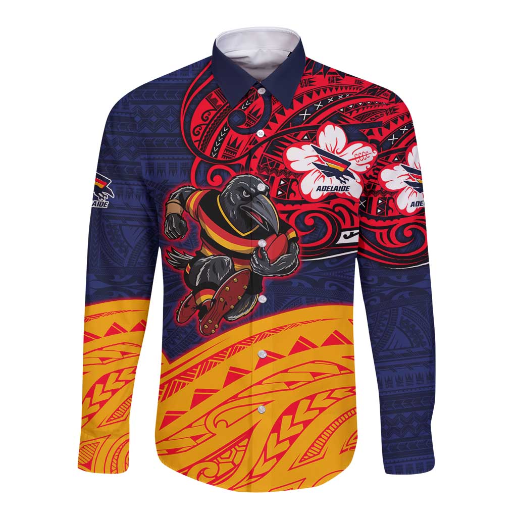 Adelaide Crow Mascot Long Sleeve Button Shirt Polynesian Tribal Pattern Bold Island Style