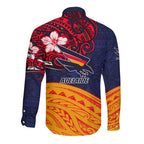 Adelaide Crow Mascot Long Sleeve Button Shirt Polynesian Tribal Pattern Bold Island Style
