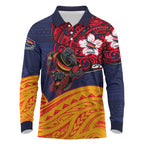 Adelaide Crow Mascot Long Sleeve Polo Shirt Polynesian Tribal Pattern Bold Island Style