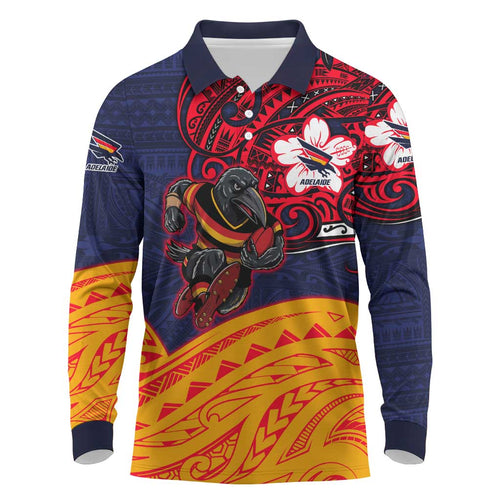 Adelaide Crow Mascot Long Sleeve Polo Shirt Polynesian Tribal Pattern Bold Island Style