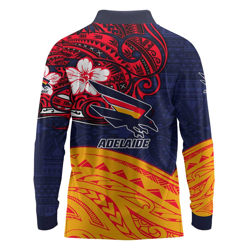 Adelaide Crow Mascot Long Sleeve Polo Shirt Polynesian Tribal Pattern Bold Island Style