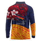 Adelaide Crow Mascot Long Sleeve Polo Shirt Polynesian Tribal Pattern Bold Island Style