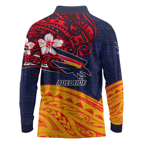 Adelaide Crow Mascot Long Sleeve Polo Shirt Polynesian Tribal Pattern Bold Island Style
