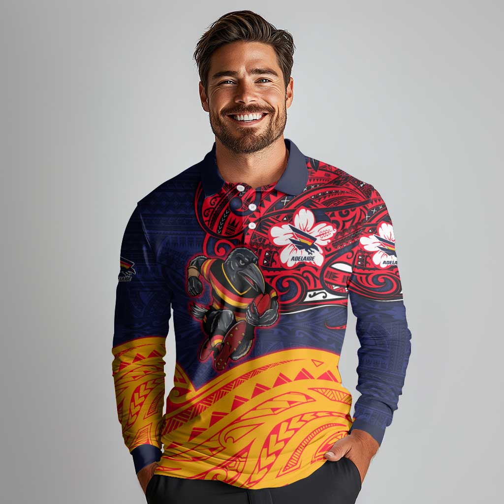 Adelaide Crow Mascot Long Sleeve Polo Shirt Polynesian Tribal Pattern Bold Island Style