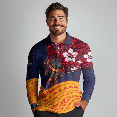Adelaide Crow Mascot Long Sleeve Polo Shirt Polynesian Tribal Pattern Bold Island Style