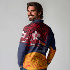 Adelaide Crow Mascot Long Sleeve Polo Shirt Polynesian Tribal Pattern Bold Island Style