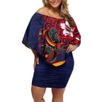 Adelaide Crow Mascot Off Shoulder Short Dress Polynesian Tribal Pattern Bold Island Style