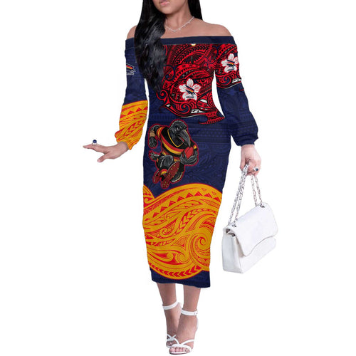 Adelaide Crow Mascot Off The Shoulder Long Sleeve Dress Polynesian Tribal Pattern Bold Island Style