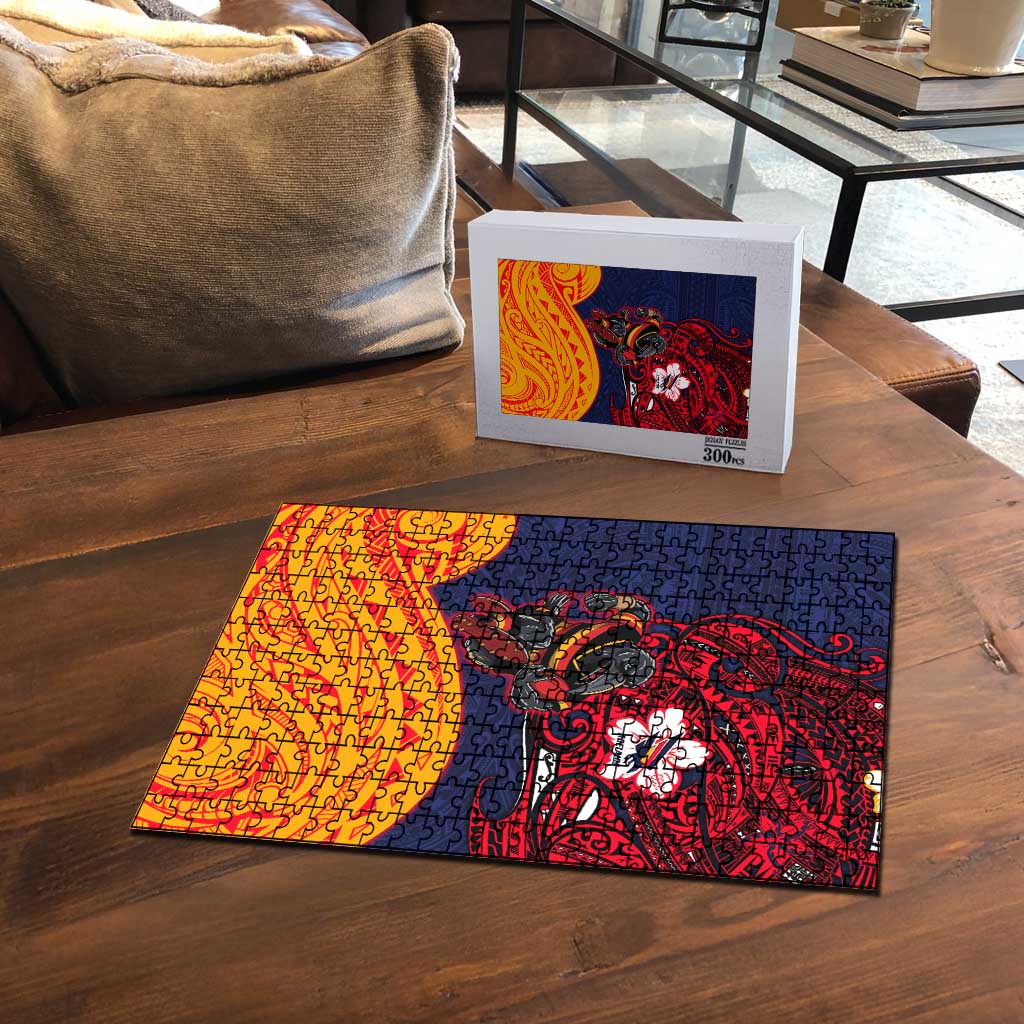 Adelaide Crow Mascot Puzzle Polynesian Tribal Pattern Bold Island Style