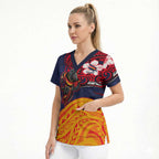 Adelaide Crow Mascot Scrub Top Polynesian Tribal Pattern Bold Island Style