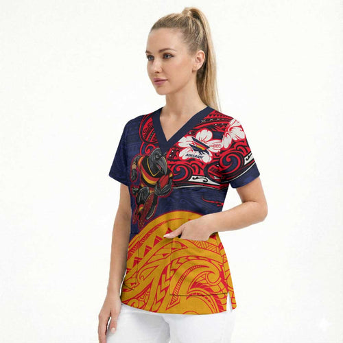 Adelaide Crow Mascot Scrub Top Polynesian Tribal Pattern Bold Island Style