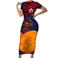 Adelaide Crow Mascot Short Sleeve Bodycon Dress Polynesian Tribal Pattern Bold Island Style