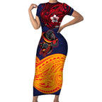 Adelaide Crow Mascot Short Sleeve Bodycon Dress Polynesian Tribal Pattern Bold Island Style