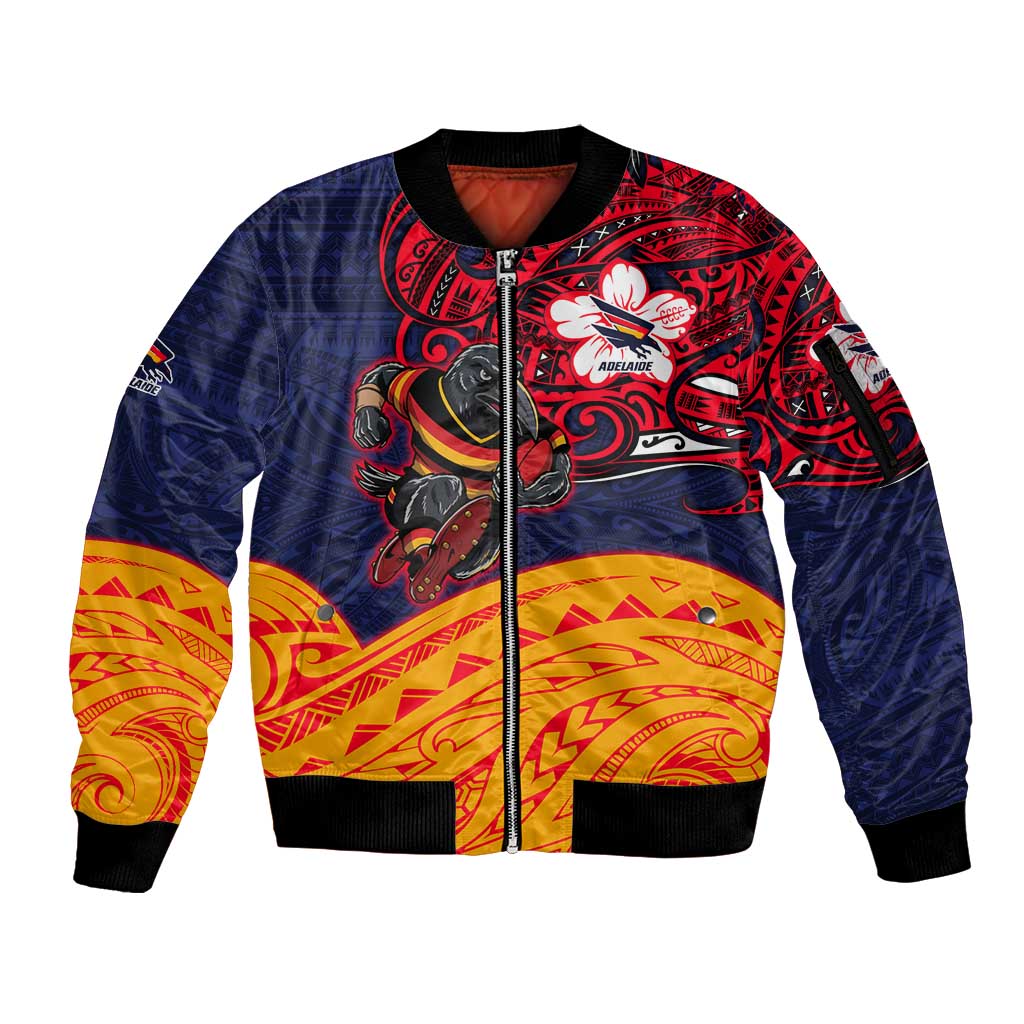 Adelaide Crow Mascot Sleeve Zip Bomber Jacket Polynesian Tribal Pattern Bold Island Style