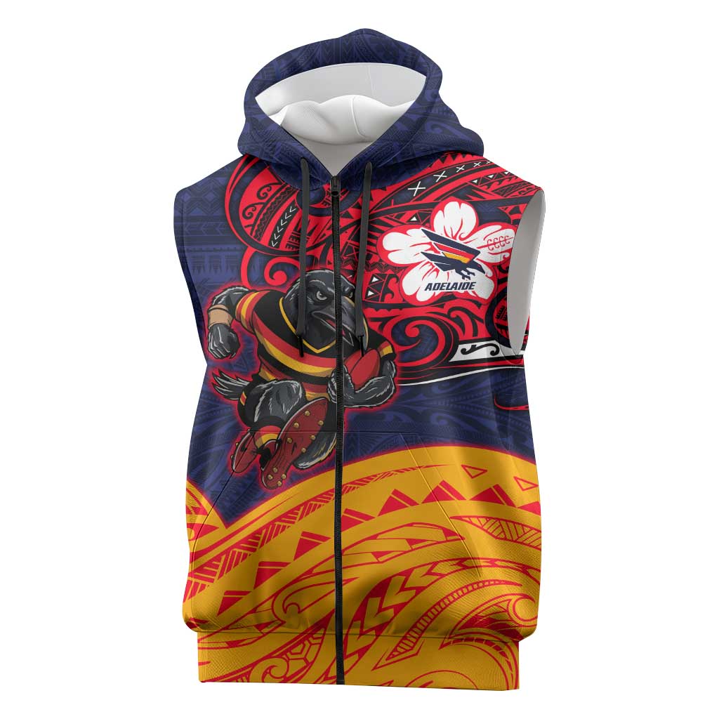 Adelaide Crow Mascot Sleeveless Zip Hoodie Polynesian Tribal Pattern Bold Island Style