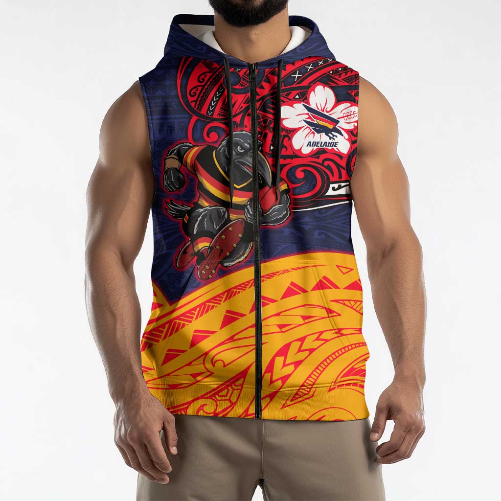 Adelaide Crow Mascot Sleeveless Zip Hoodie Polynesian Tribal Pattern Bold Island Style