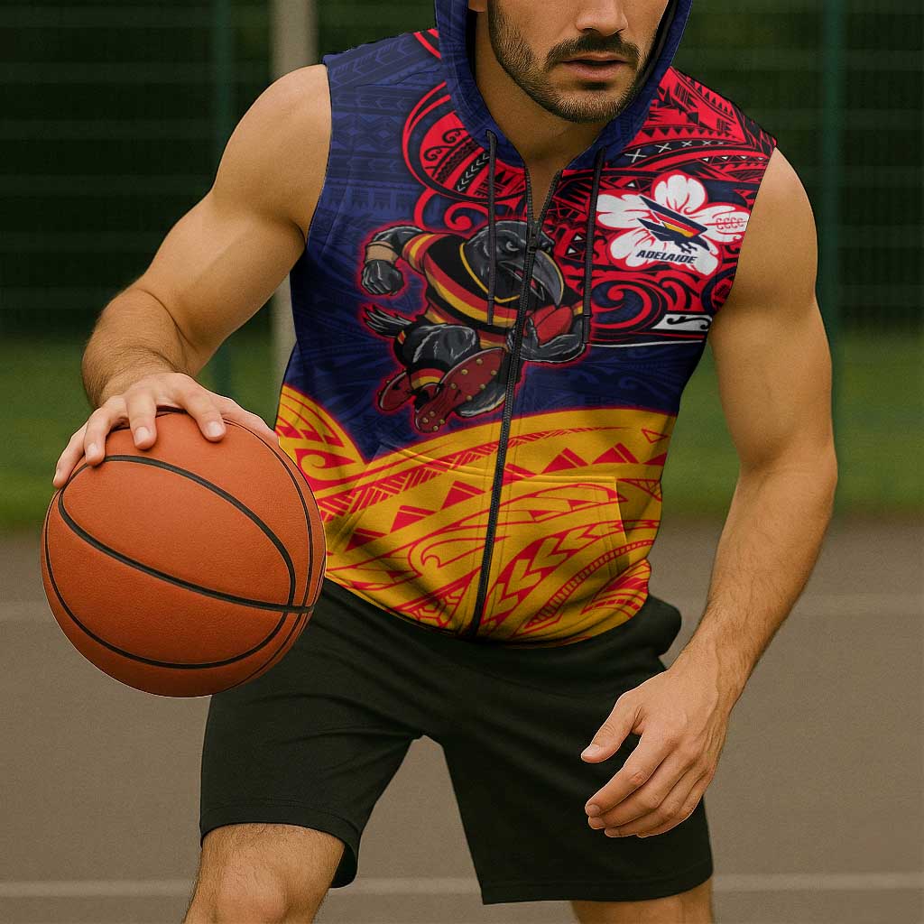 Adelaide Crow Mascot Sleeveless Zip Hoodie Polynesian Tribal Pattern Bold Island Style