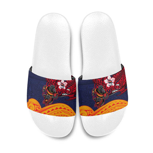 Adelaide Crow Mascot Slide Sandals Polynesian Tribal Pattern Bold Island Style