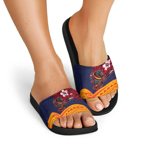 Adelaide Crow Mascot Slide Sandals Polynesian Tribal Pattern Bold Island Style