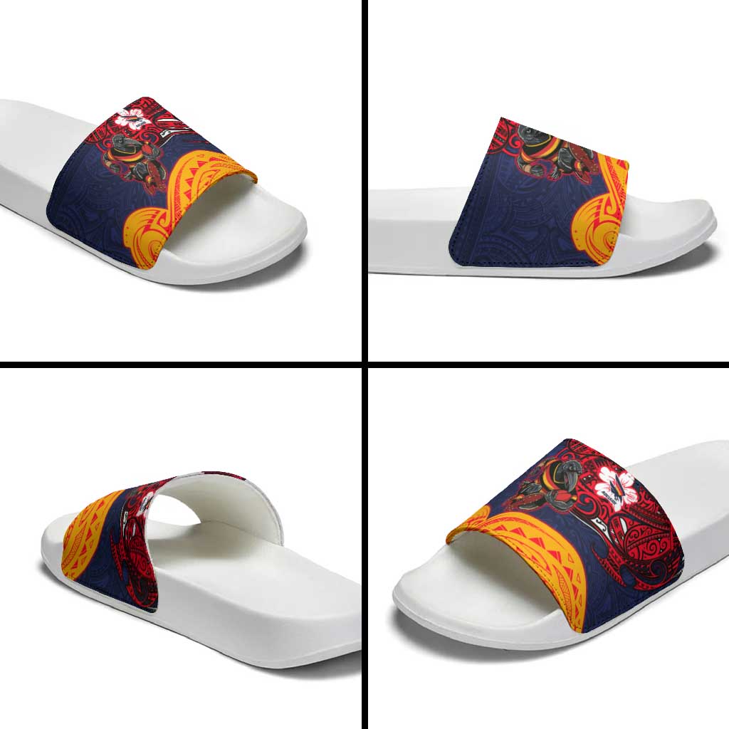 Adelaide Crow Mascot Slide Sandals Polynesian Tribal Pattern Bold Island Style