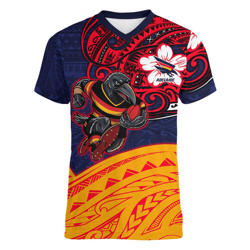 Adelaide Crow Mascot Women V-Neck T-Shirt Polynesian Tribal Pattern Bold Island Style