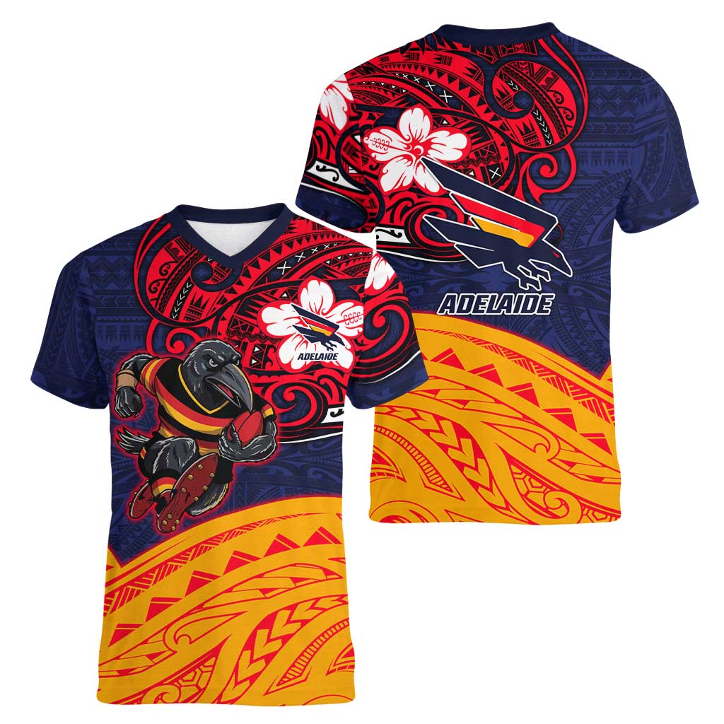 Adelaide Crow Mascot Women V-Neck T-Shirt Polynesian Tribal Pattern Bold Island Style