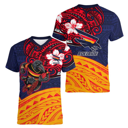 Adelaide Crow Mascot Women V-Neck T-Shirt Polynesian Tribal Pattern Bold Island Style