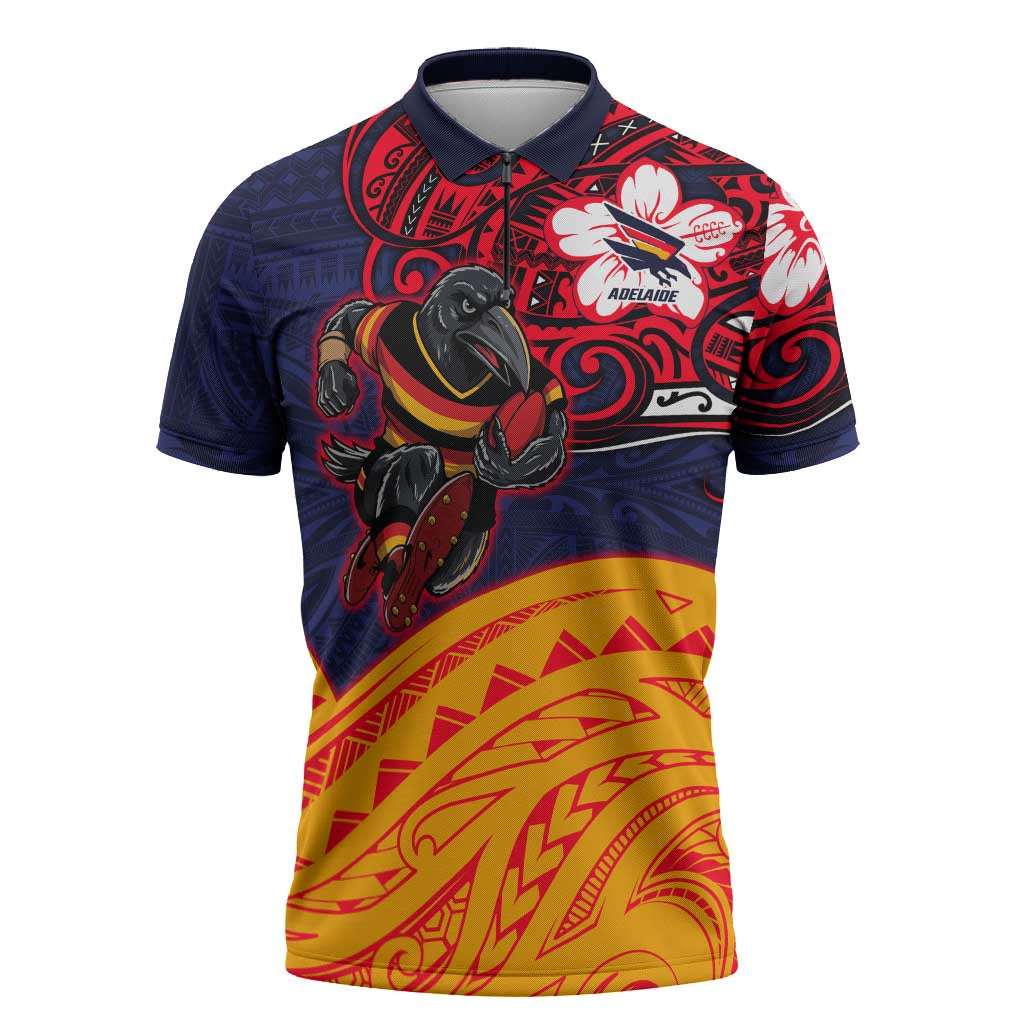 Adelaide Crow Mascot Zipper Polo Shirt Polynesian Tribal Pattern Bold Island Style