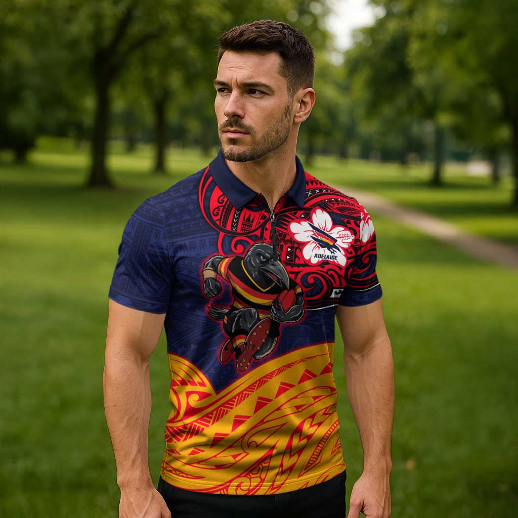 Adelaide Crow Mascot Zipper Polo Shirt Polynesian Tribal Pattern Bold Island Style