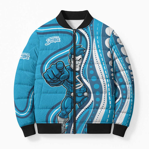 Adelaide Strikers Bomber Puffer Jacket Aboriginal Dot Art Cyan Blue - Tribal Wave Pattern
