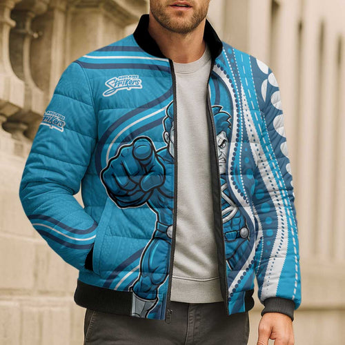 Adelaide Strikers Bomber Puffer Jacket Aboriginal Dot Art Cyan Blue - Tribal Wave Pattern