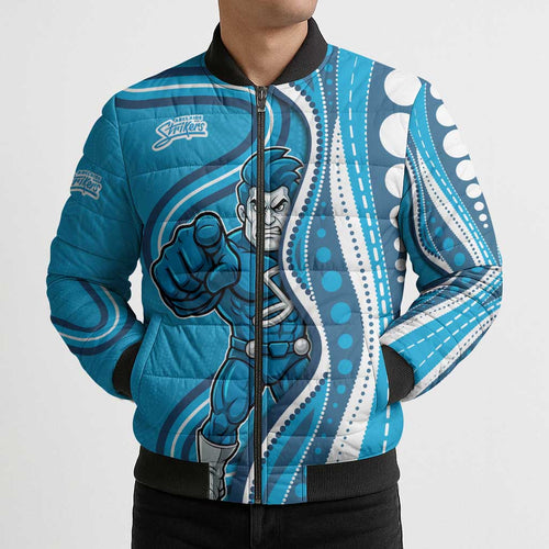Adelaide Strikers Bomber Puffer Jacket Aboriginal Dot Art Cyan Blue - Tribal Wave Pattern