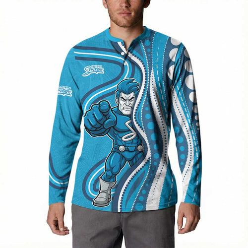 Adelaide Strikers Button Sweatshirt Aboriginal Dot Art Cyan Blue - Tribal Wave Pattern